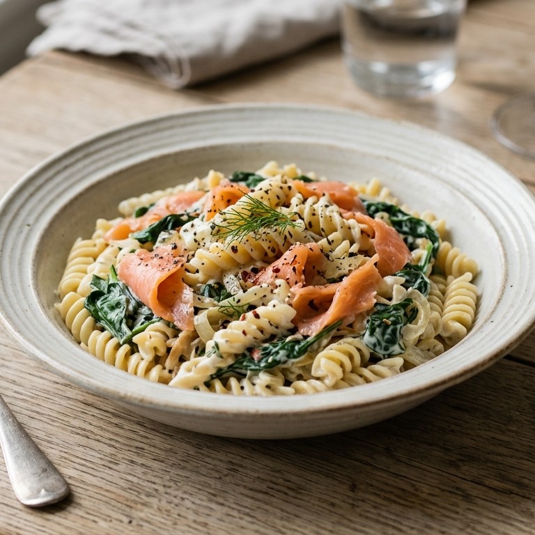 Pasta met zalm en spinazie recept