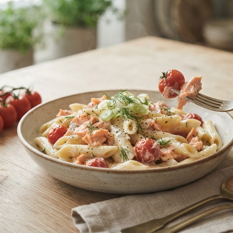 Pasta met zalm en tomaatjes recept