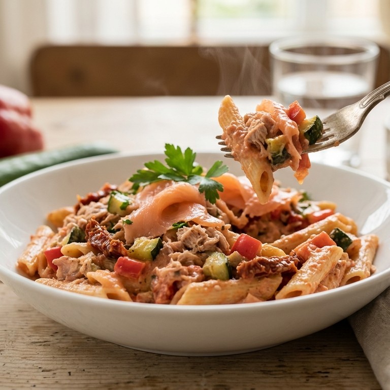 Pasta met zalm en tonijnsaus recept