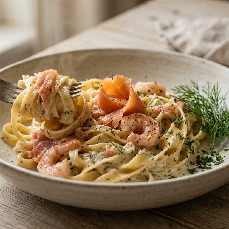Pasta met zalmgarnalen saus recept