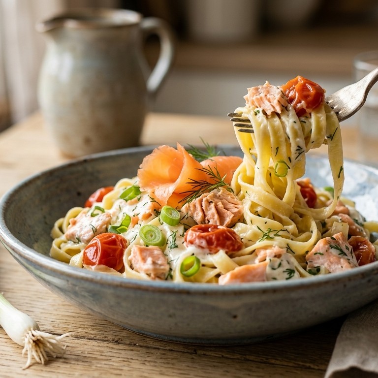 Pasta met zalmreepjes recept