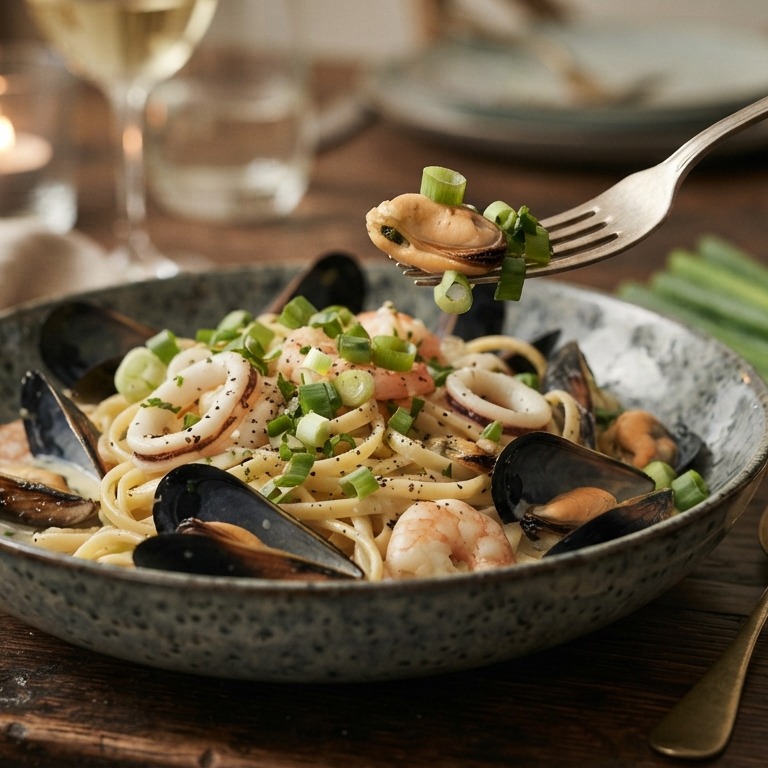Pasta met zeevruchten en bosui recept