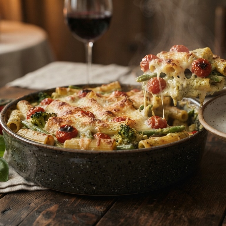 Pasta ovenschotel met kerstomaatjes, pesto en mascarpone recept