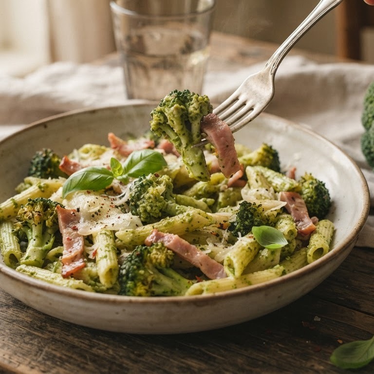 Pasta pesto met broccoli en ham recept