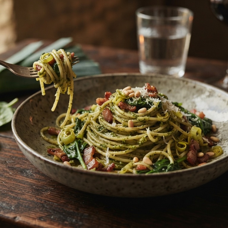 Pasta pesto met spekjes en spinazie recept