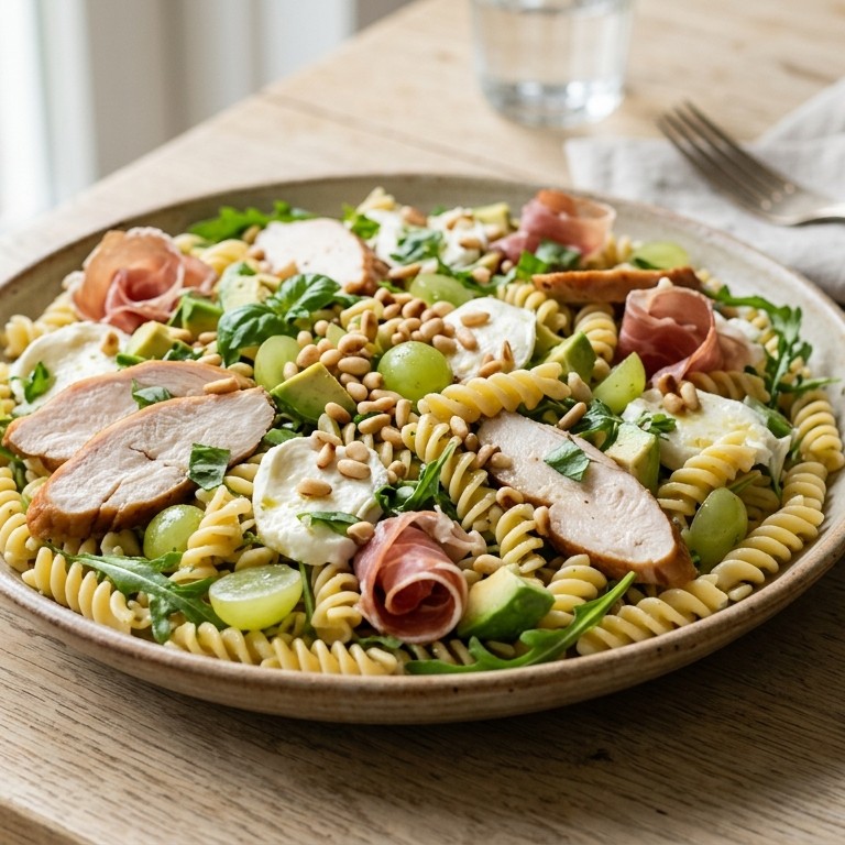 Pasta salade met gerookte kip en druiven recept