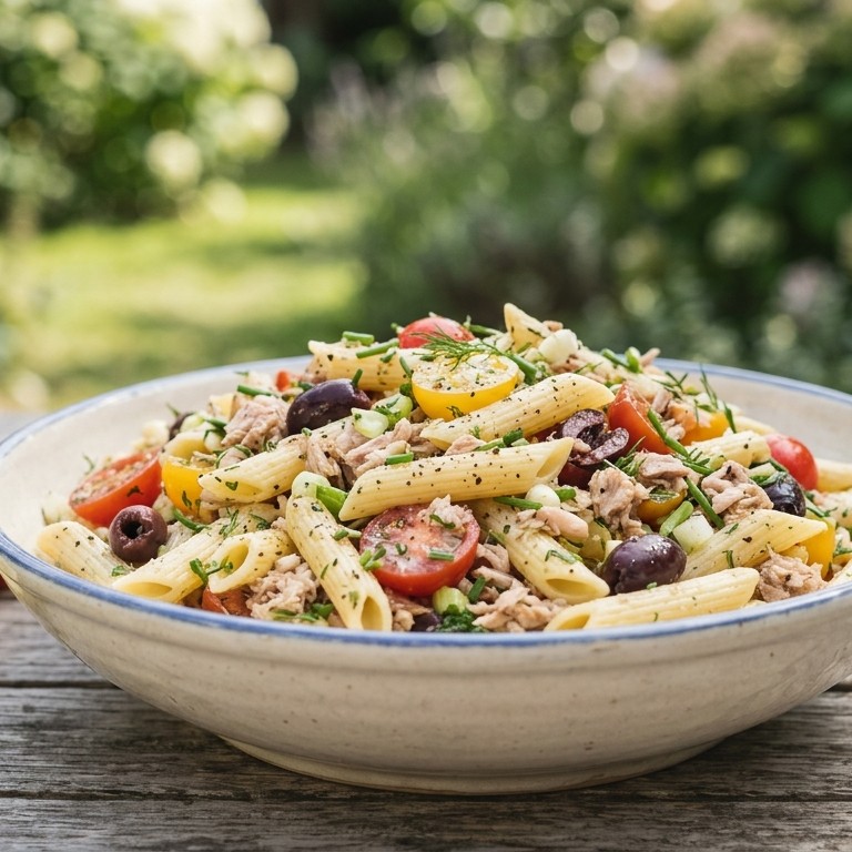 Pasta salade met tonijn, olijven en bosuitjes recept