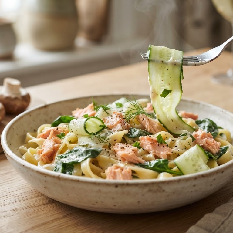 Pasta zalm met komkommer recept