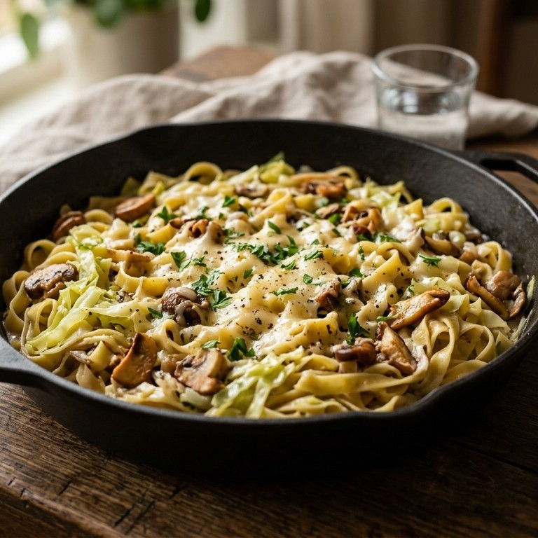Pastapannetje met kool en champignons recept