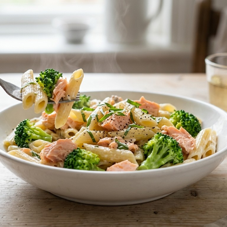 Pastapijpjes met zalm, broccoli en dragon recept
