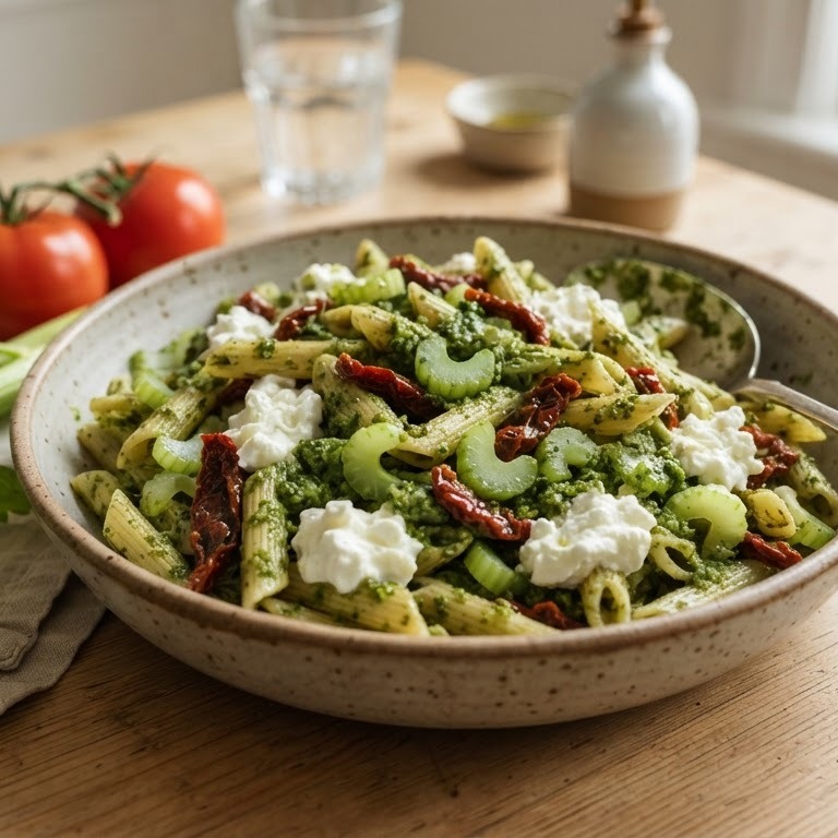 Pastasalade met bleekselderij, pesto en gedroogde tomaat recept