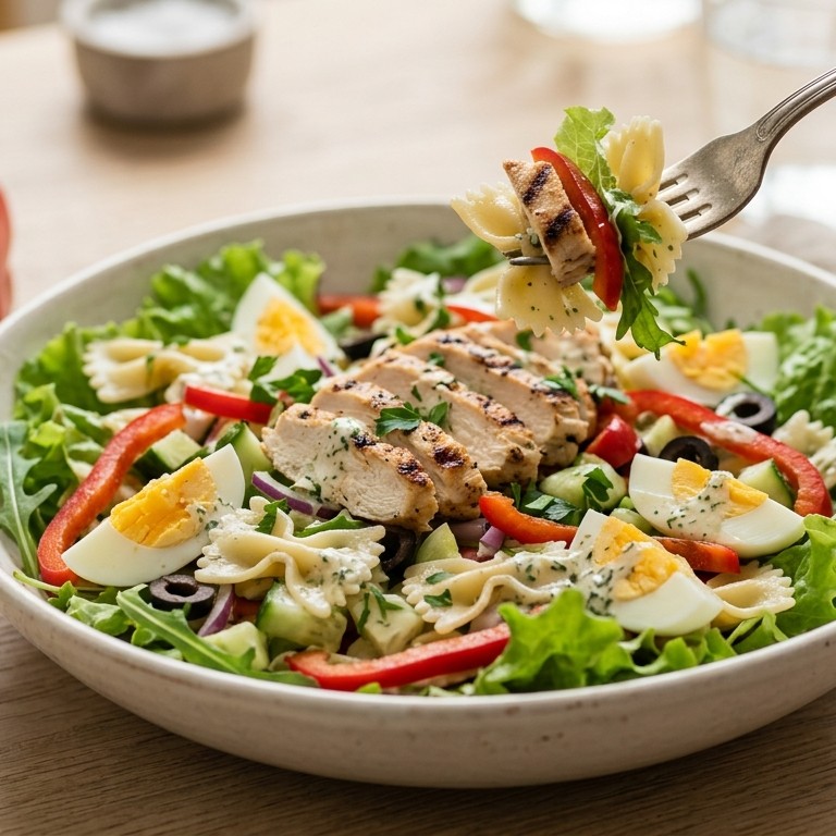 Pastasalade met gegrilde kip en paprika recept