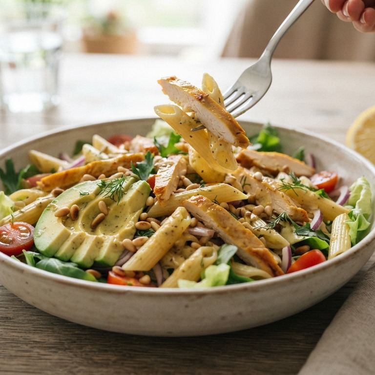 Pastasalade met gerookte kip en avocado recept