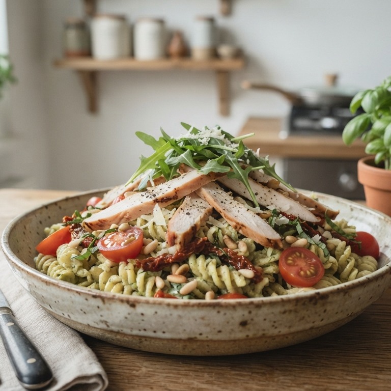 Pastasalade met gerookte kipreepjes recept