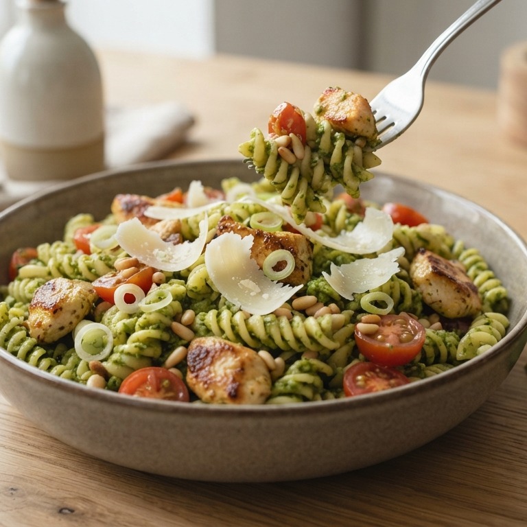Pastasalade met kip en pesto recept