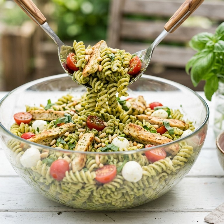 Pastasalade met kip en pesto recept