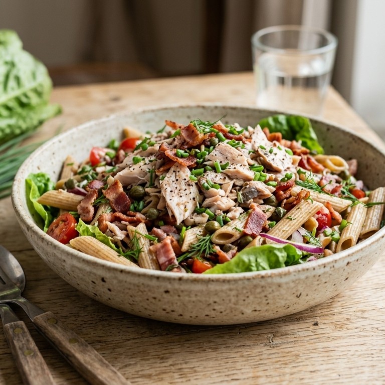 Pastasalade met krokant katenspek en makreel recept