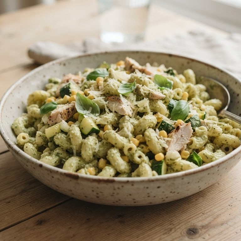 Pastasalade met pesto en kip recept