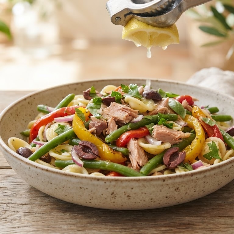 Pastasalade  met tonijn, sperziebonen en paprika recept