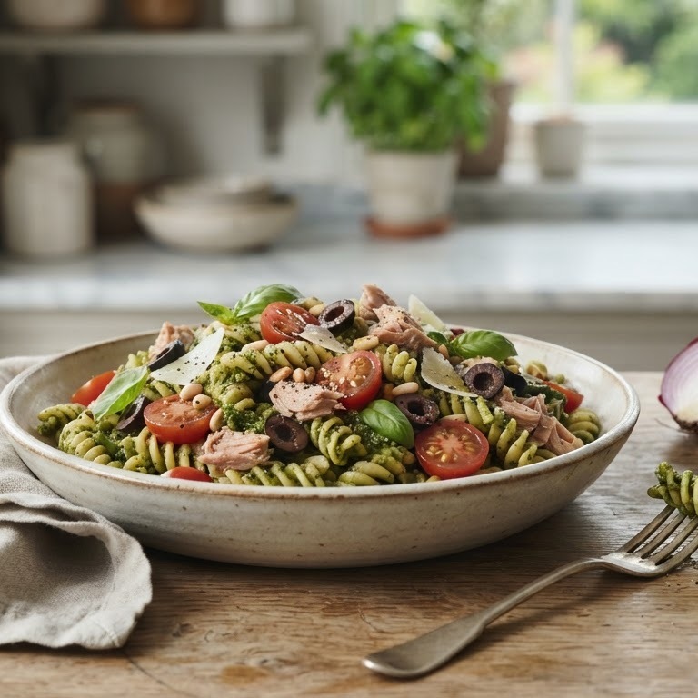 Pastasalade met tonijn, tomaat en pesto recept