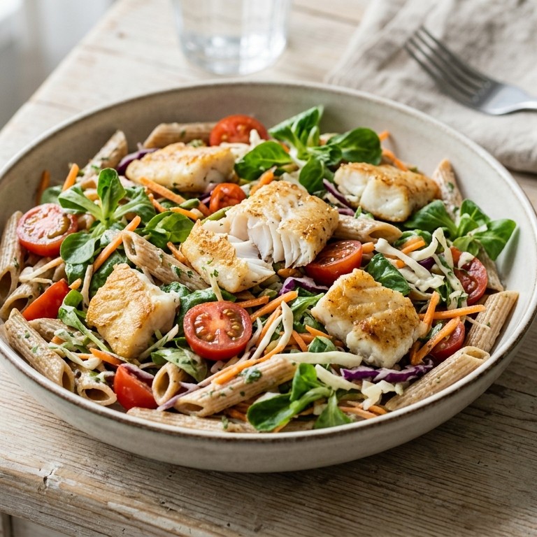 Pastasalade met vis en rauwkost recept