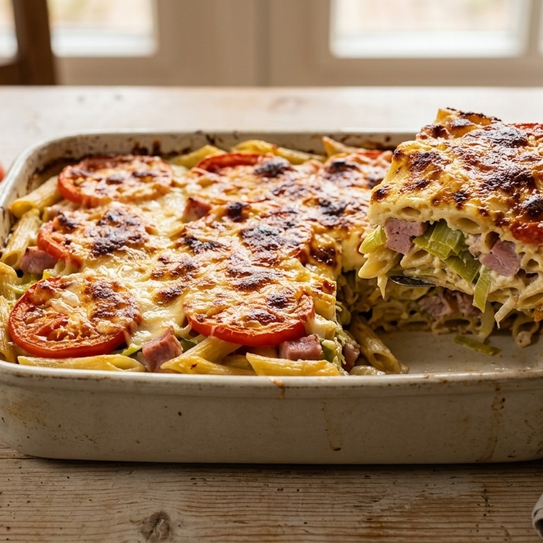 Penne-lasagne met prei en ham recept
