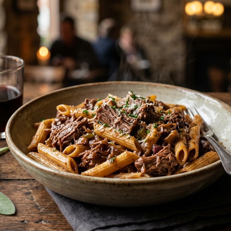 Penne met chianti gestoofd rundvlees recept