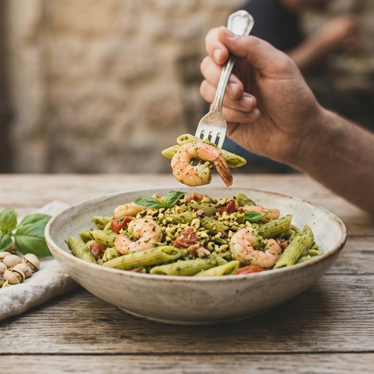 Penne met garnalen & pistache-pesto recept