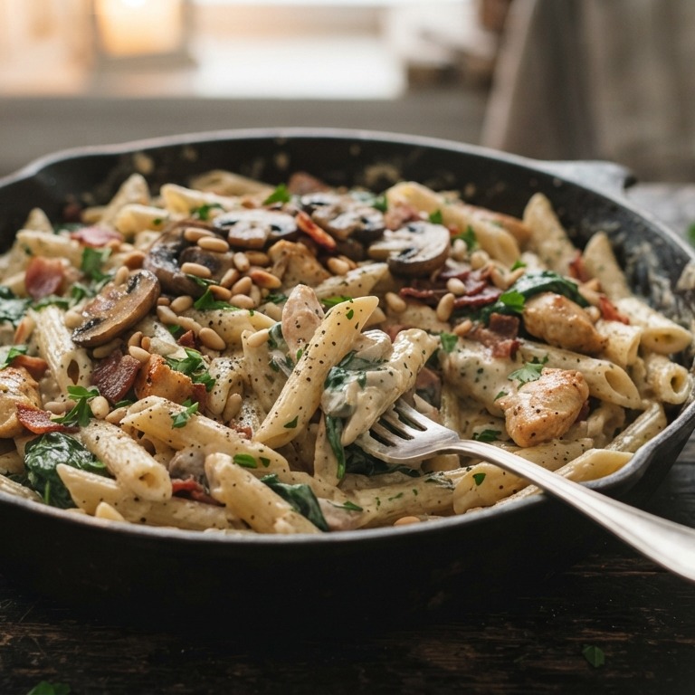 Penne met kipfilet, spinazie, spekjes en boursin recept