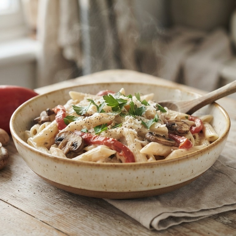 Penne met met rode paprika en champignons recept