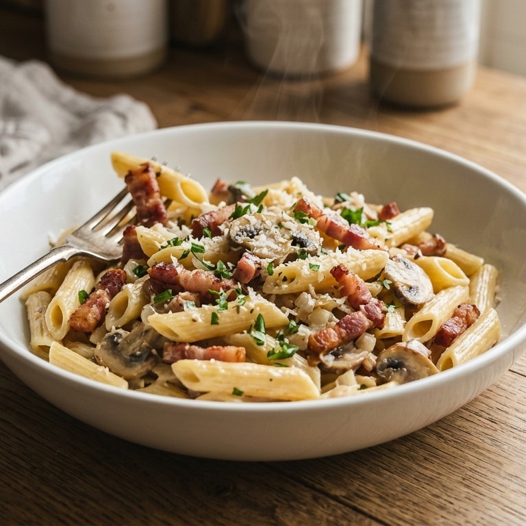 Penne met spekjes in roomsaus recept