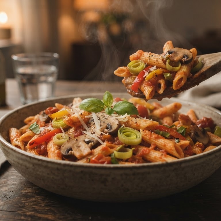 Penne met verse groenten en pastasaus recept