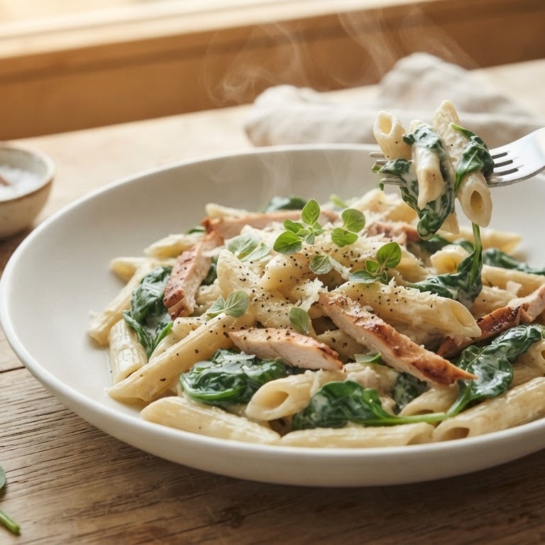 Penne met verse spinazie, zuivelspread en gerookte kipfilet recept