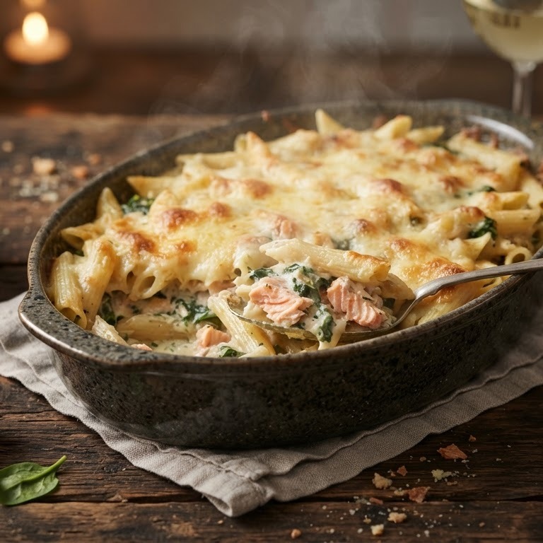 Penne met zalm en spinazie á la boursin recept
