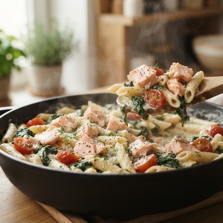Penne met zalm en spinazie met boursin recept
