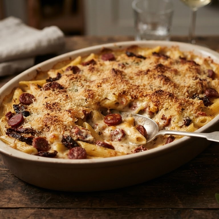 Penne uit de oven met chorizo recept
