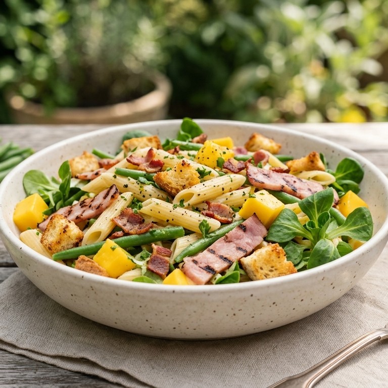 Pennesalade met ontbijtspek, mango en gegrilde achterham recept