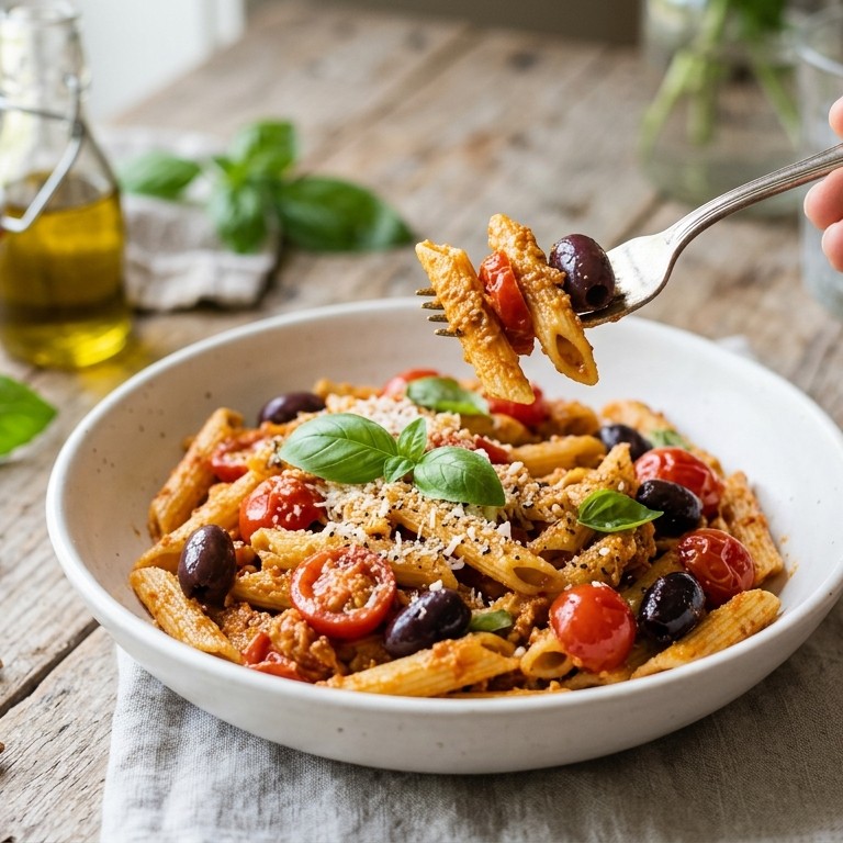 Pennette met pesto alla Siciliana, kerstomaatjes en zwarte olijven recept