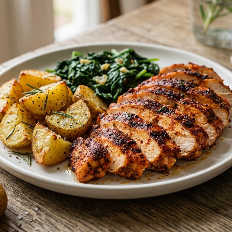 Pikante kipfilet met aardappel en spinazie recept