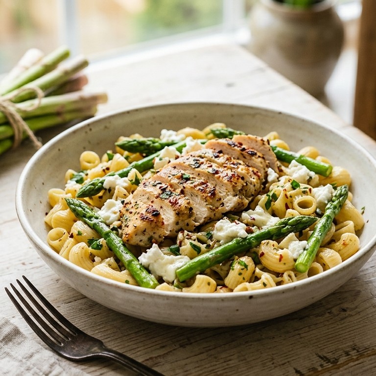 Pipe rigate met kip, geitenkaas en asperges recept