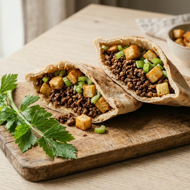 Pitabroodje gevuld met knolselderij, aardappels en gehakt recept