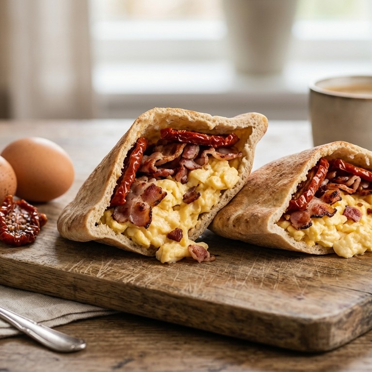 Pittabroodjes met roerei, spekblokjes en gedroogde tomaatjes recept