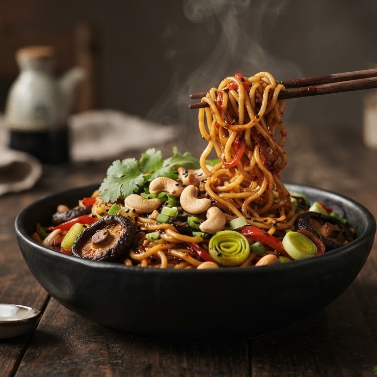 Pittige noedels met prei en shii-take recept