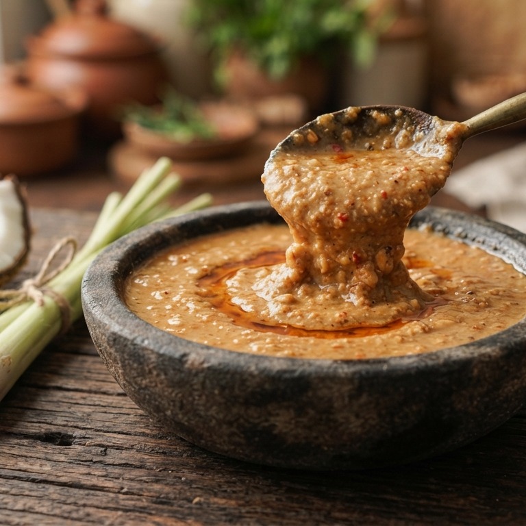 Pittige pindasaus met kemirienoten en kokosmelk recept
