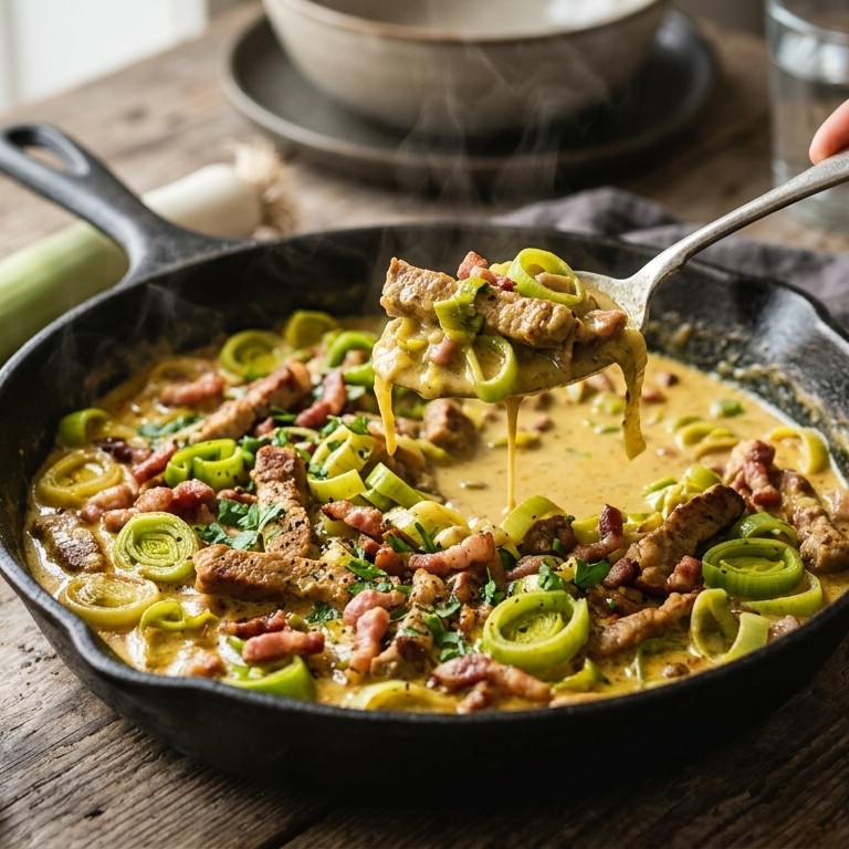 Pittige prei met varkensreepjes recept