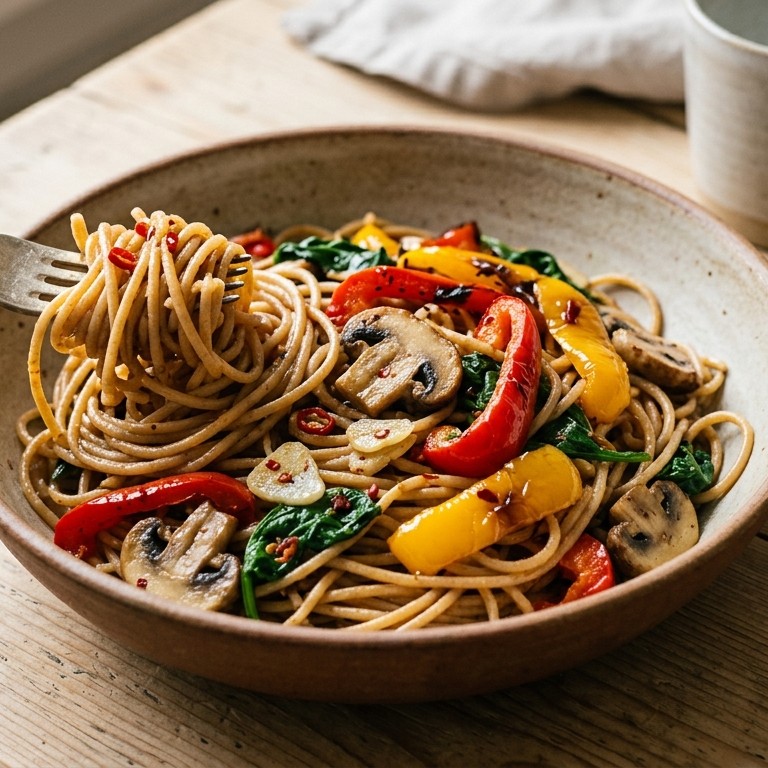 Pittige spaghetti met geroosterde paprika recept