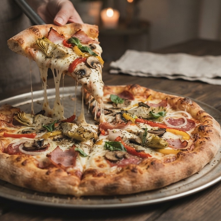 Pizza met artisjokken, mozzarella, champignons, paprika, ham, salami en ui recept