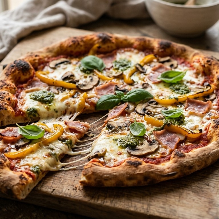 Pizza met paprika, champignon, ham en kaas recept