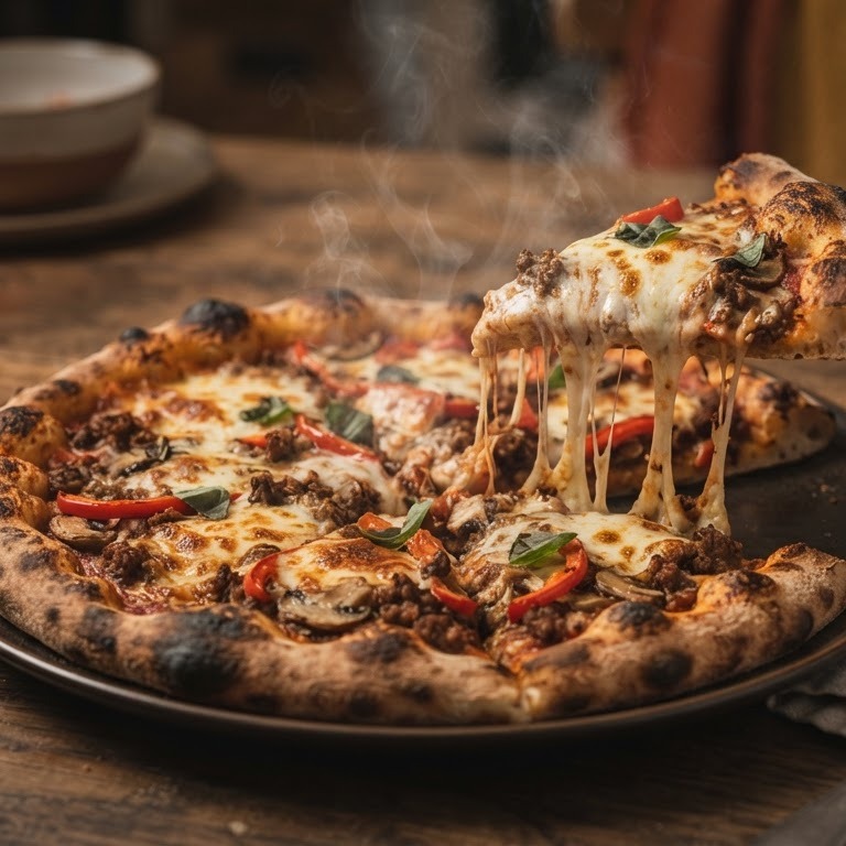 Pizza tomaat, paprika, champignons, gehakt, kaas recept