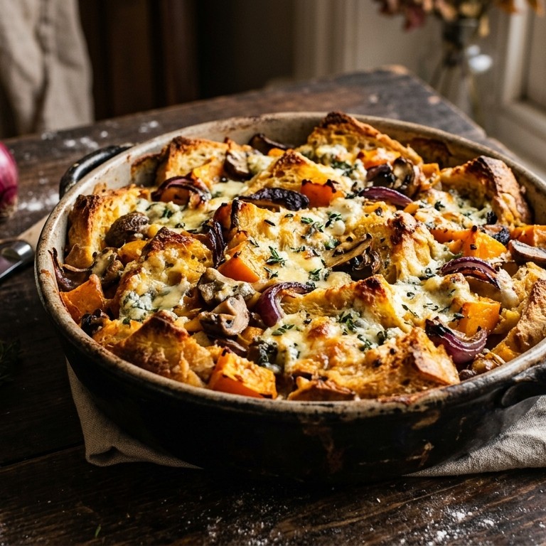Pompoen-broodschotel met blauwaderkaas recept